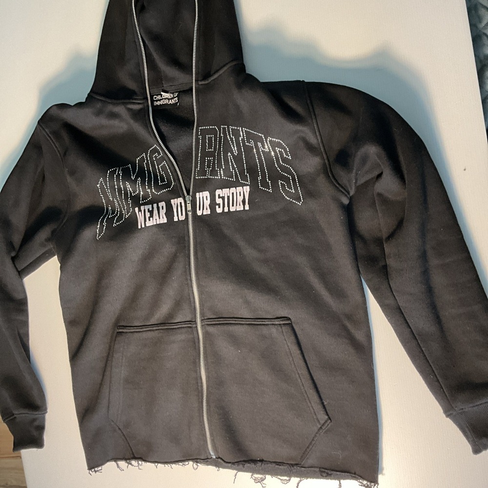 Children of Immigrants Hoodie Large Rhinestone Wear Your Story Full Zip Black